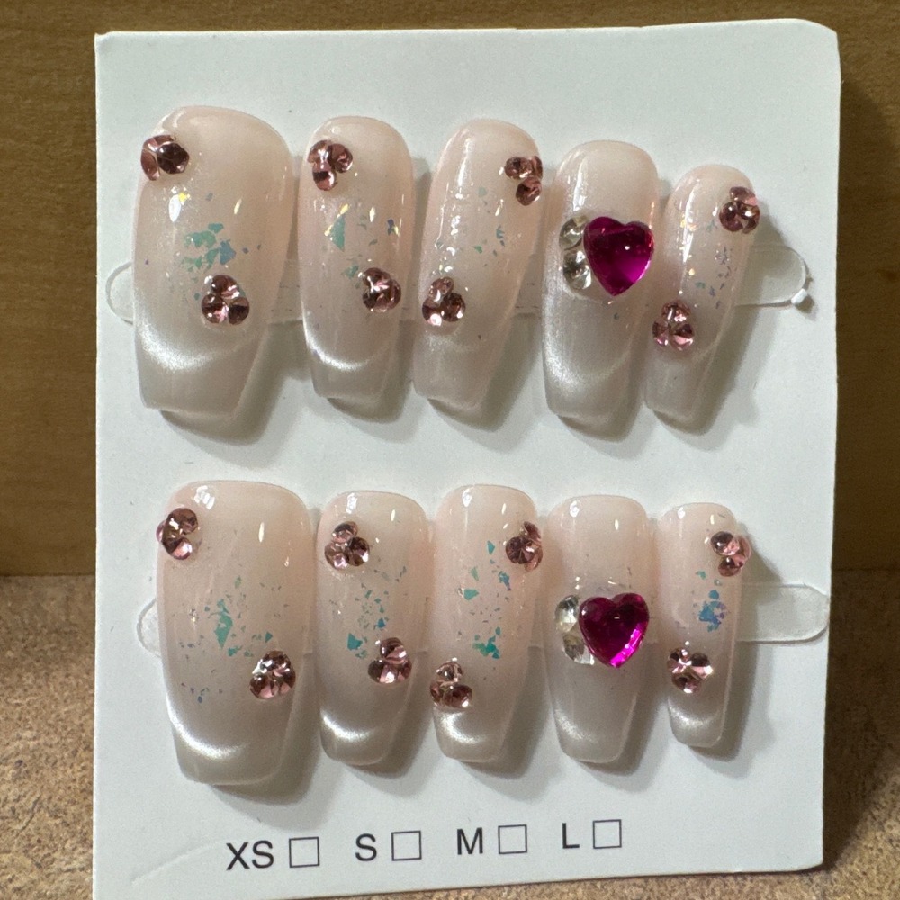 Pink Heart Rhinestone Cat Eye Press On Nails Coffin Iridescent Milky White 10pc